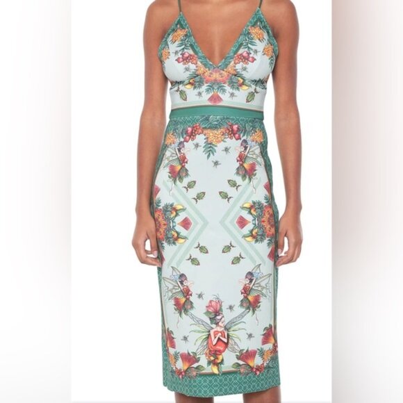 NWT COLCCI Made in Brazil 🇧🇷 V neck Sleeveless Bodycon Floral Midi Dress Sz 4 - Picture 3 of 14
